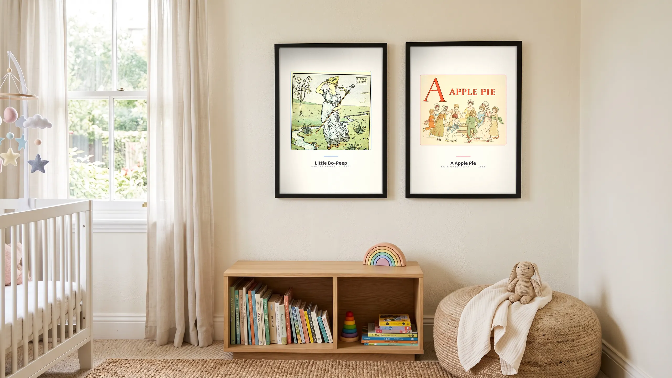 Two storybook plates framed side by side in a nursery